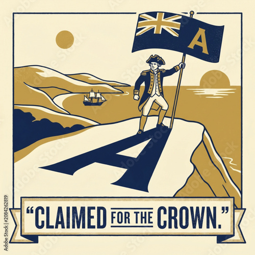 Illustration of James Cook with a flag claiming the territory of Australia for the British crown on the background of the coast
