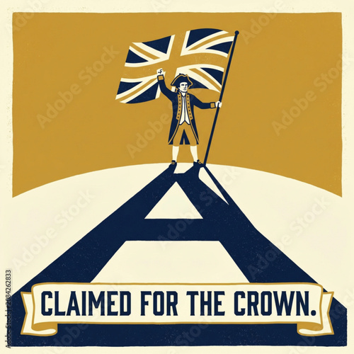 A triumphant James Cook hoists the flag. The flagpole casts a long shadow that turns into the letter 