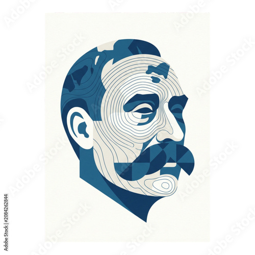 Artistic portrait of a man with a mustache in blue tones with abstract patterns