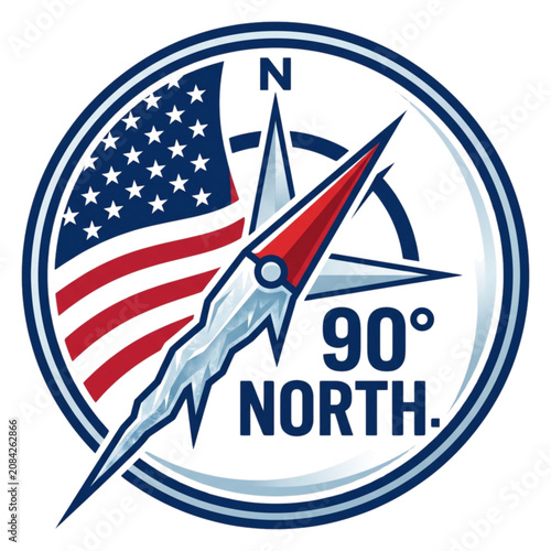 The design of an icy compass with a star, the US flag and the phrase 