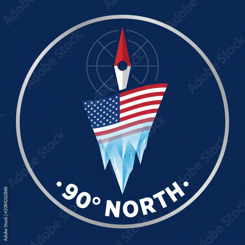 Logo design featuring a compass and ice with an American flag representing 90° North
