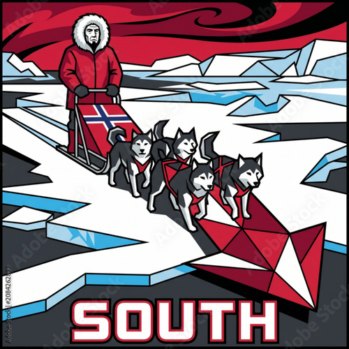Amundsen's dog sled ride to the South Pole, set against a bright snowy landscape with mountains