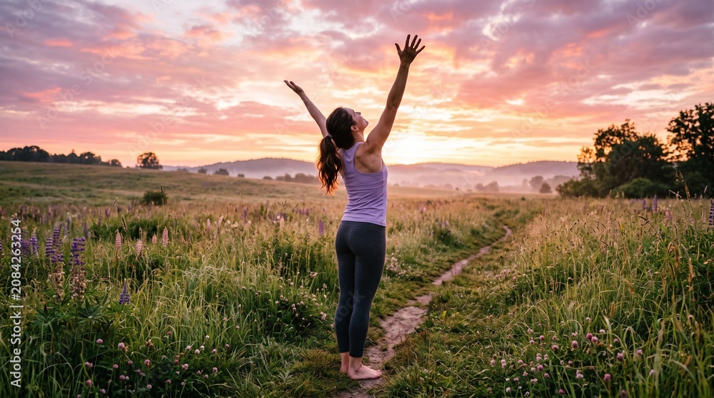 Fototapeta premium Woman with arms raised in a field at sunrise enjoying nature and mindfulness