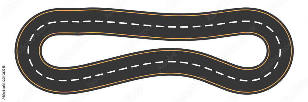 Fototapeta premium Top view of a grey race track loop with white dashed lines Vector