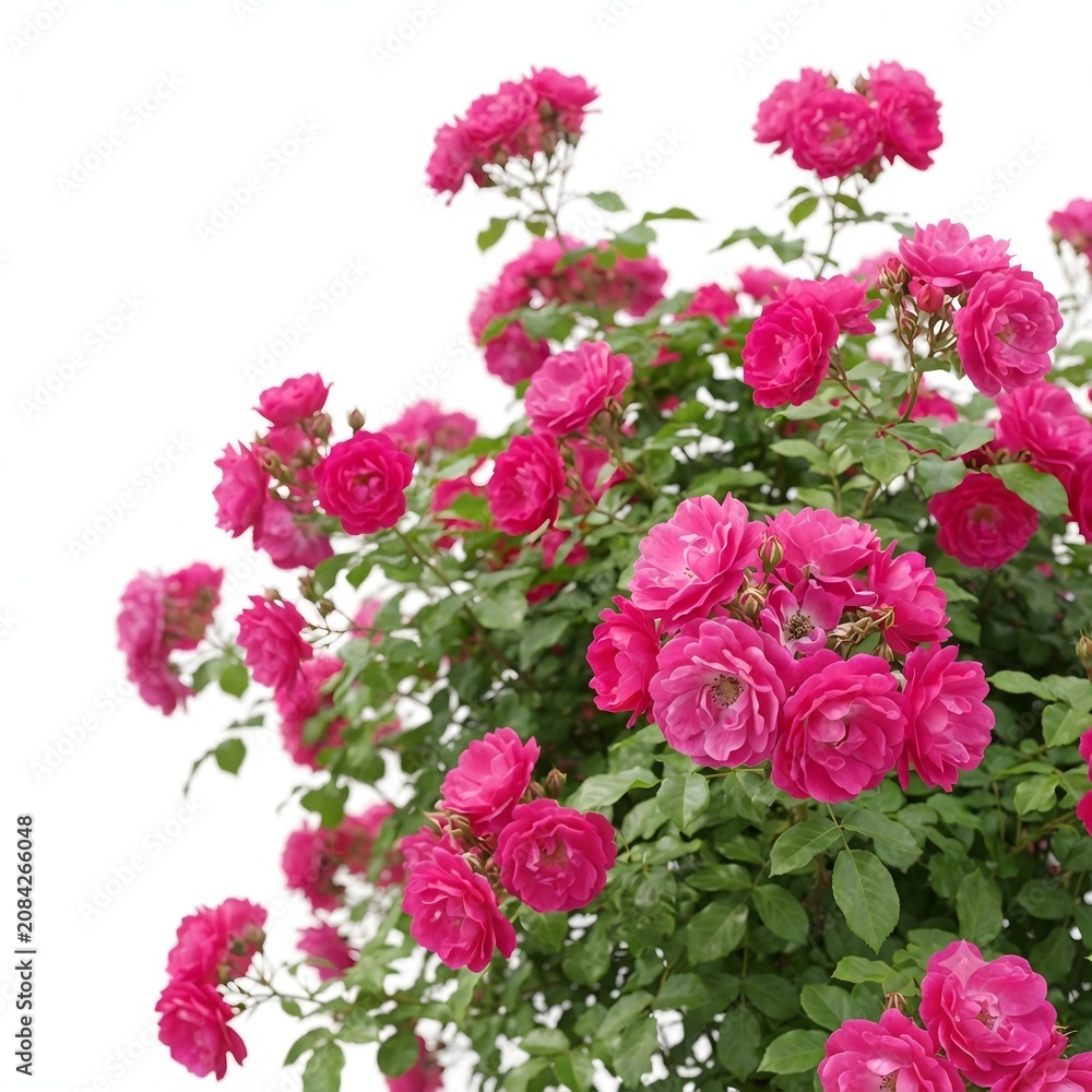 Obraz premium A stunning, high-resolution close-up of a lush Zephirine Drouhin rose bush in full bloom, featuring vibrant magenta-pink petals against a clean, isolated white background.
