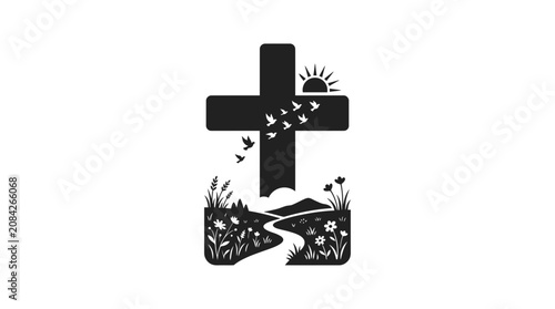Foto Christian Cross Silhouette with Sunrise, Birds, and Meadow Scene