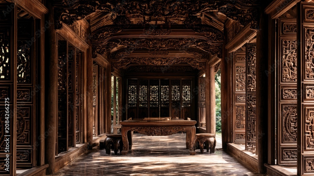 Fototapeta premium Intricate Traditional Wooden Chinese Pavilion Interior with Ornate Carvings and Floor Pattern