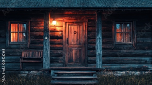Rustic cabin entrance with wooden door and windows