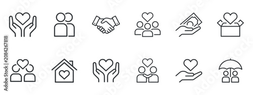 Bild auf Leinwand Charity and support line icons depicting care and community assistance
