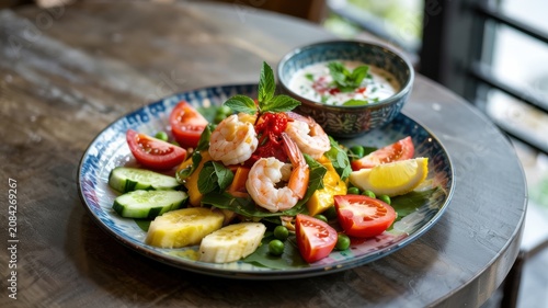 Indonesian cuisine. 
Capcay Udang is a popular vegetable salad with shrimps from Indonesian cuisine. It is served with a light sauce based on yogurt or coconut cream with herbs and olive oil.