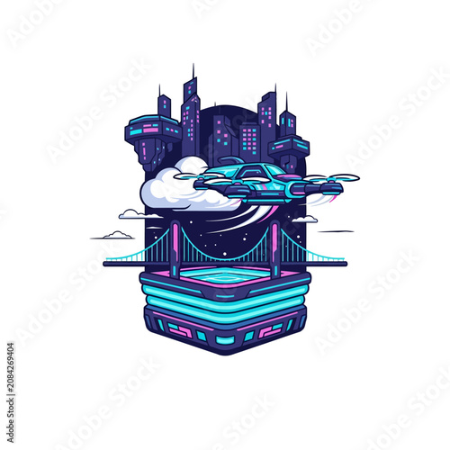 A futuristic flying vehicle travels above a glowing bridge in a stylized digital city landscape