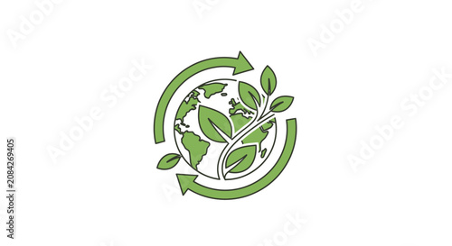A green circular arrow icon surrounds a stylized globe with leaves