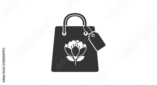 A minimalist graphic illustration of a shopping bag with a floral design