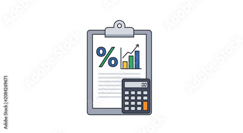 A clipboard with a percentage symbol and a calculator on a white background