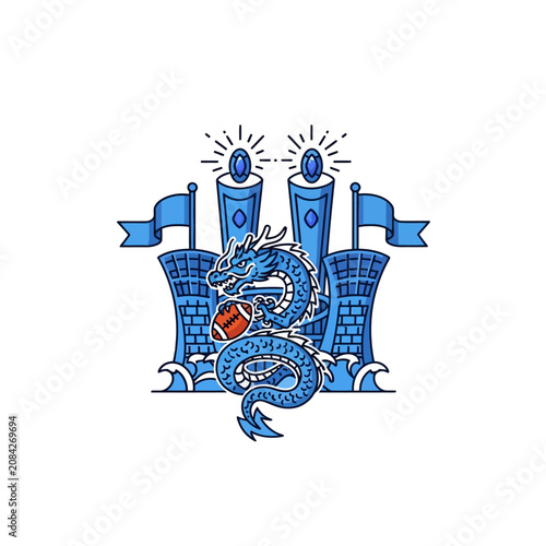 A stylized blue dragon mascot holding an American football in front of a castle structure