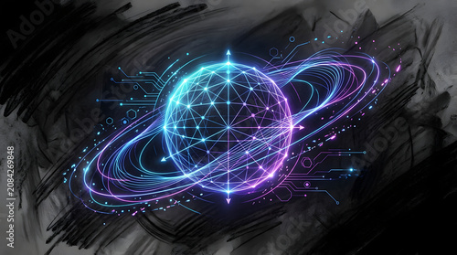 Quantum Computing Sphere Wave Lines in charcoal sketch and digital painting style, representing quantum computing supremacy, qubits, superposition wave lines, and advanced cryptography.
