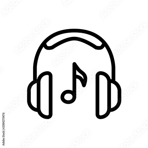 Premium flat line music icon featuring modern headphones with an integrated musical note, designed using clean rounded monoline strokes and balanced geometry for UI, apps, branding, and vector graphic