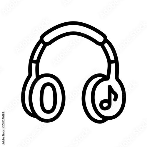 Premium flat line music icon featuring modern headphones with an integrated musical note, designed using clean rounded monoline strokes and balanced geometry for UI, apps, branding, and vector graphic