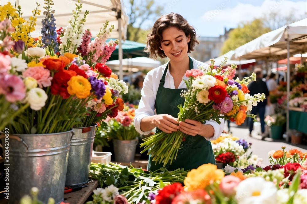 Fototapeta premium A florist arranging freshly harvested bouquets at an outdoor flower market