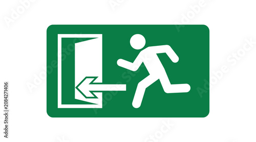 Foto Green emergency sign depicting a running man figure moving toward an open door o