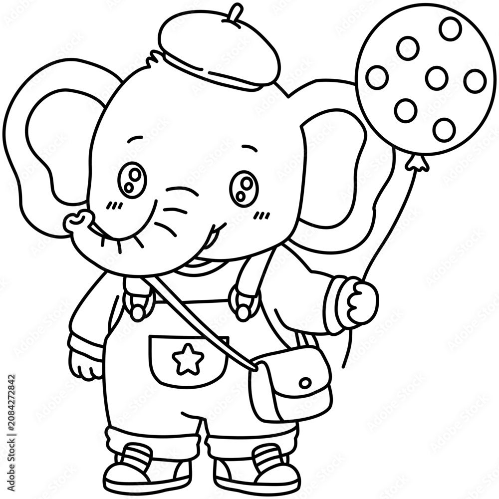 Fototapeta premium Cute Cartoon Elephant Wearing Overalls Holding Balloon Line Art Coloring Page