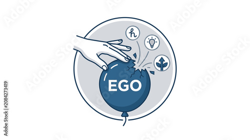 Fotografie Hand popping ego balloon, breaking inflated self-importance and self-centerednes