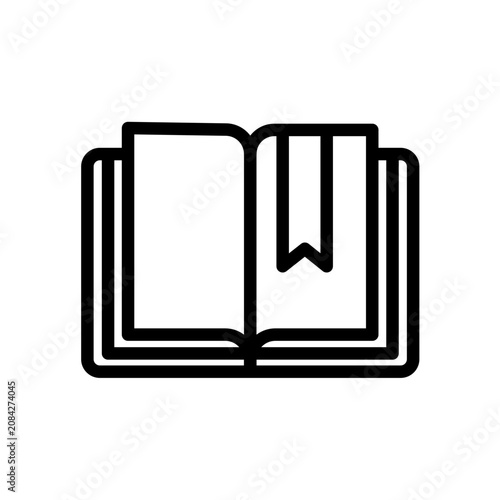 Premium flat line reading icon featuring an open book with a minimalist bookmark using clean monoline strokes and balanced geometry. Ideal for education, libraries, apps, websites, and branding.