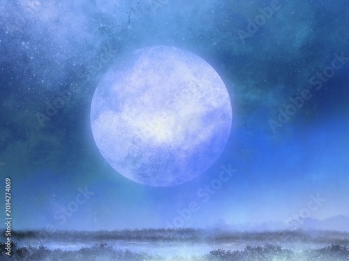 A soft, blue full moon shines over a grassy, ​​misty lake, with cool steam rising; a digitally drawn background illustration.