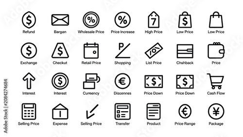 Collection of icons representing various financial and shopping price related concepts
