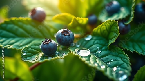 Extreme macro of blueberry leaves with morning dew, highlighting veined textures.
