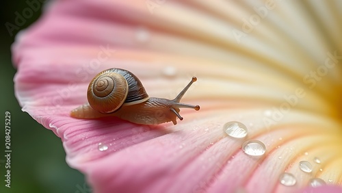 Garden snail moving on a wet flower petal after rain, leaving a silver trail among dewdrops.