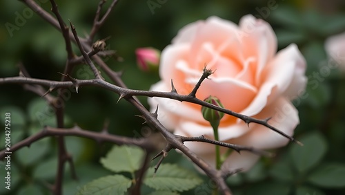 Thorny brambles encroaching upon a delicate rose bush.