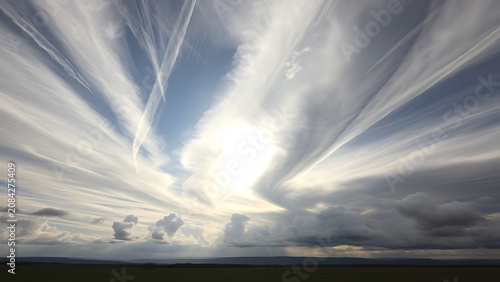 Dramatic cirrus cloud formations with sunlight breaking through before a storm.