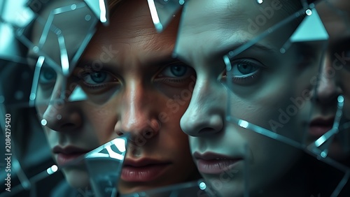 Broken mirror shards reflecting distorted faces, sharp edges and cold metallic tones.