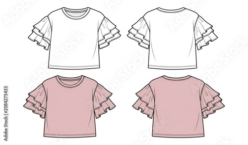 Bild auf Leinwand Women's ruffle sleeve T shirt technical fashion flat sketch with front and back