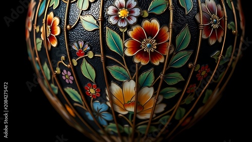 Extreme close-up of an intricate cloisonne vase with floral patterns.