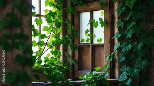 Lush green ivy vines growing through a cracked wooden window frame.