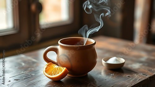A handcrafted terracotta cup with an orange slice and salt on a rustic table, soft light.