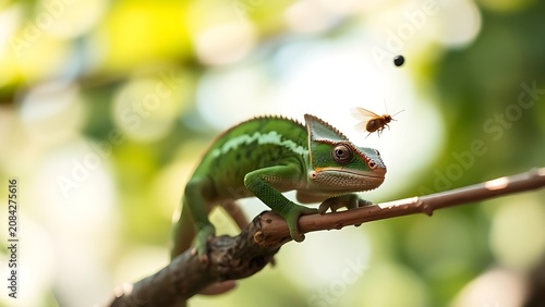 A chameleon on a branch with its tongue extended to catch a fly.