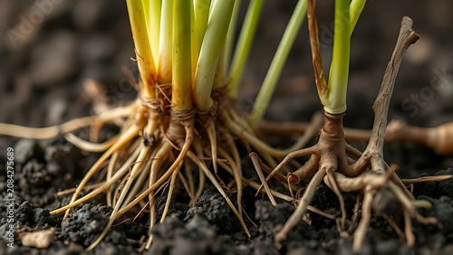 Healthy plant roots thriving in soil contrasted with nearby withered roots.