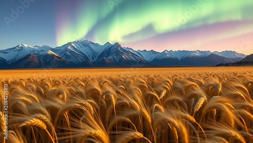 Endless field of golden wheat with mountains under the aurora borealis.