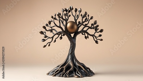 Bronze tree of life sculpture with spherical node, smooth metallic texture on neutral background.