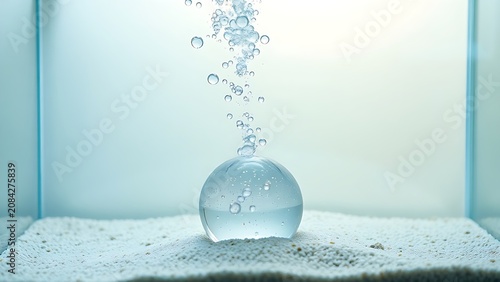 Air stone at bottom of clear fish tank, rising strings of crystal bubbles.