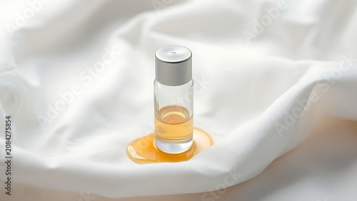 Silver oil vial on white linen cloth with soft light.