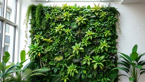 Vertical indoor wall with lush green plants, nature and interior design concept.