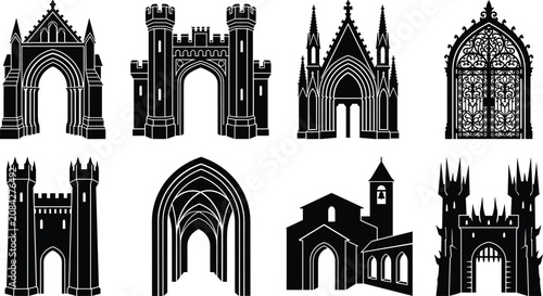 Gothic Architecture Silhouette Vector Set with Castles and Arches