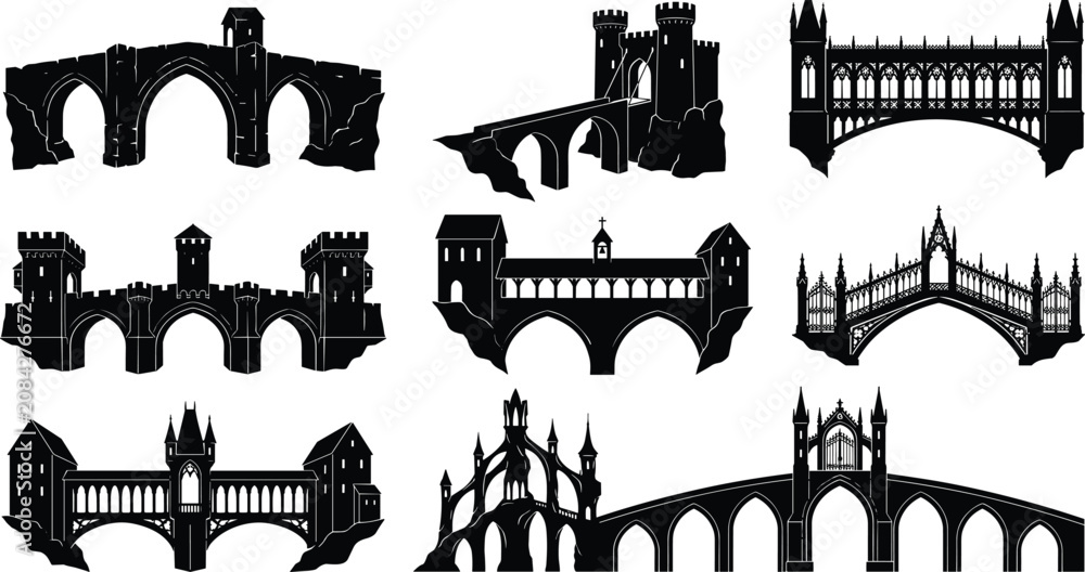 Fototapeta premium Medieval Gothic Bridge Silhouette Vector Set