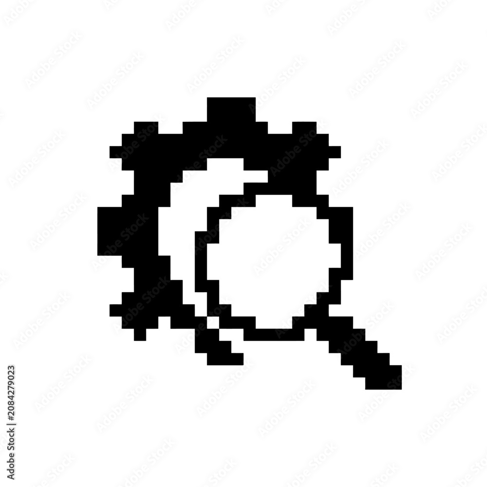 Fototapeta premium A simple black and white pixel art icon of a magnifying glass over a gear