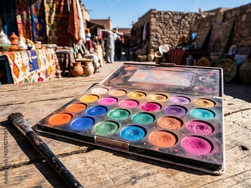 Colorful childrens toys arranged on a wooden bench outdoors.
