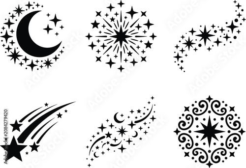 Celestial Moon and Star Silhouette Vector Set with Magical Cosmic Elements